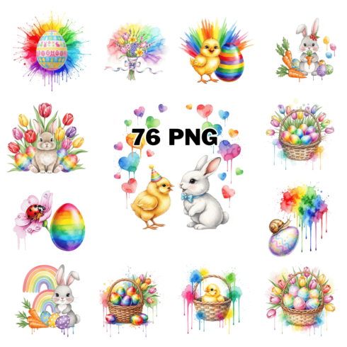 Watercolor Spring Floral Eggs with Animals Sublimation Clipart Bundle cover image.