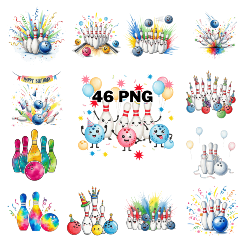 Colorful Bowling Birthday Party Sublimation Clipart Bundle cover image.