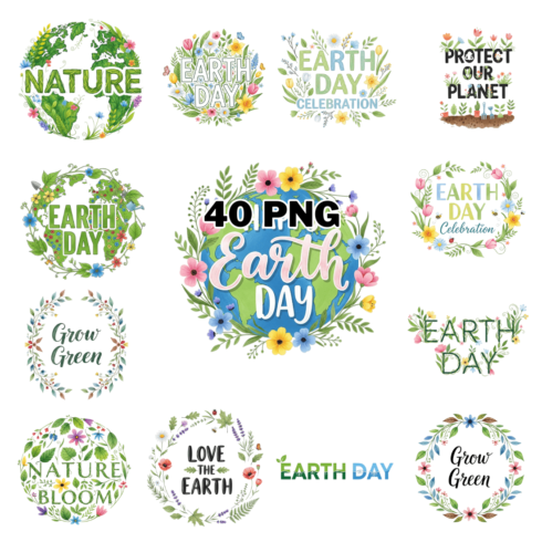 Earth Day Floral Wreath Typography Sublimation Clipart Bundle cover image.