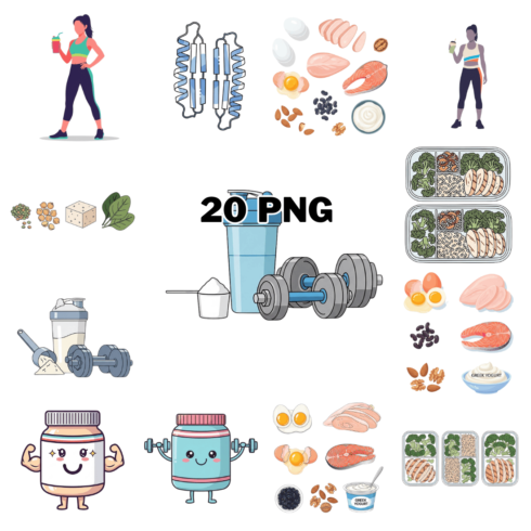 Protein Supplement and Healthy Meal Prep Sublimation Clipart Bundle cover image.