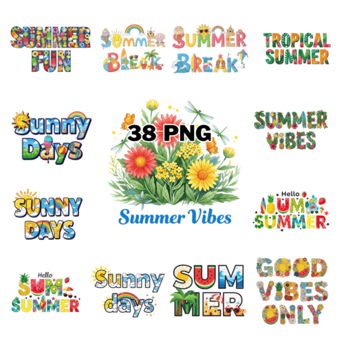 Colorful Summer Vacation Typography Sublimation Clipart Bundle cover image.