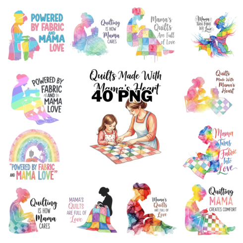 Watercolor Quilting Mama With Quote Sublimation Clipart Bundle cover image.