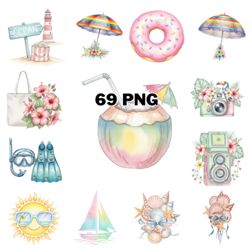 Summer Beach Vacation Watercolor Sublimation Clipart Bundle cover image.