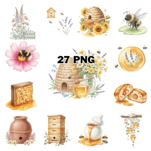 Cute Bumblebee and Honey Beehive with Dripping Honey Sublimation Clipart Bundle cover image.