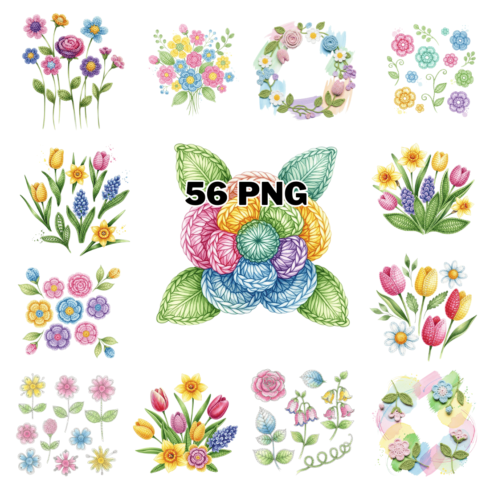 Vibrant Of Watercolor Crochet Spring Flower Sublimation Clipart Bundle cover image.