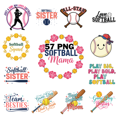 Softball Sports Typography and Icons Set Sublimation Clipart Bundle cover image.