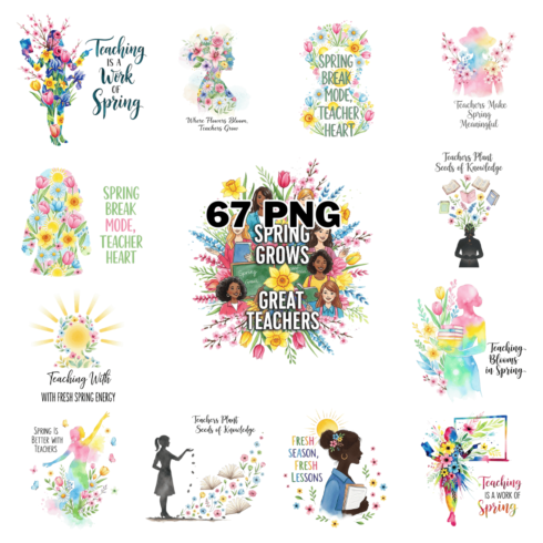 Colorful Spring Teacher With Quote Sublimation Clipart Bundle cover image.