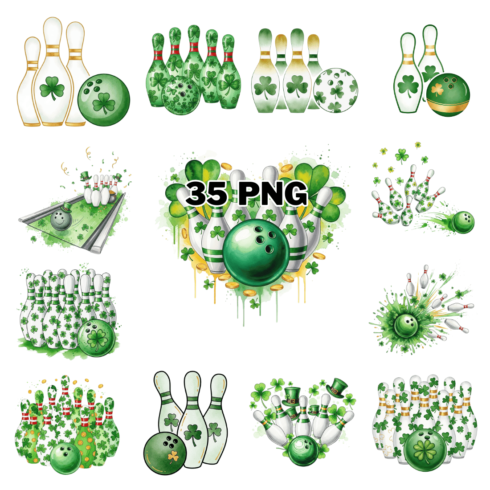 St patricks day bowling pins and bowling ball Sublimation Clipart Bundle cover image.