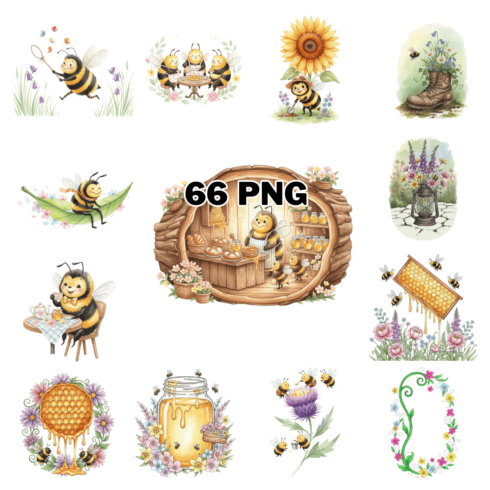 Whimsical Spring Honeybee Characters Sublimation Clipart Bundle cover image.