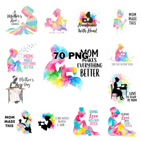 Sewing Mom Watercolor Silhouette Art Sublimation Clipart Bundle cover image.