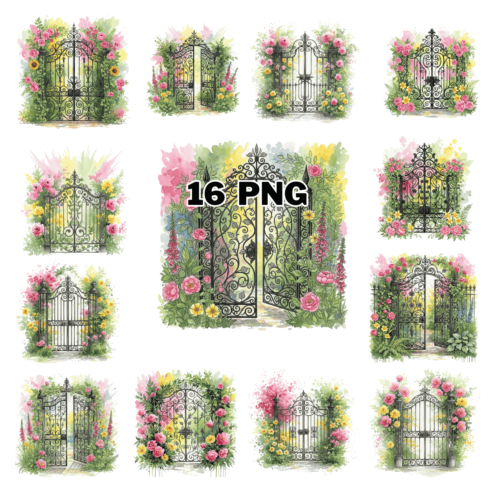 Vintage Enchanting Floral Wrought Iron Garden Gate Sublimation Clipart Bundle cover image.