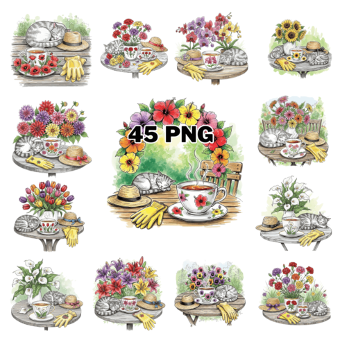 Sleeping cat on wooden table with flowers Sublimation Clipart Bundle cover image.