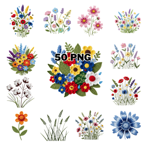 Knitted Embroidery Summer Wildflowers Sublimation Clipart Bundle cover image.