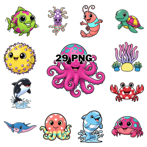 Colorful Marine Life Sea Animals Sublimation Clipart Bundle cover image.