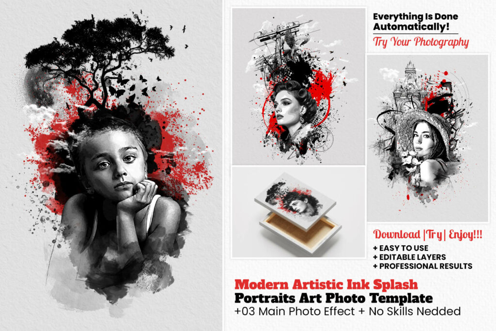 Splashed Portrait Modern Artistic Ink Splash Portraits - MasterBundles