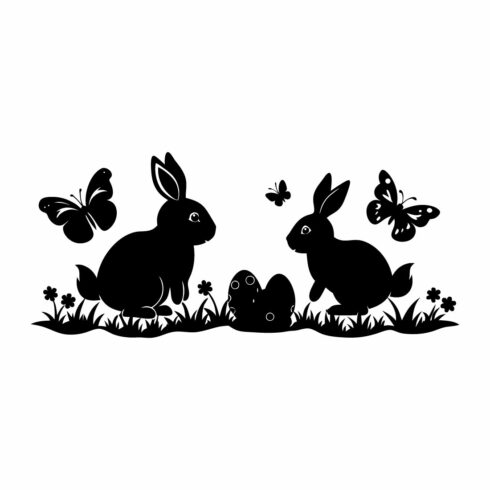 Elegant Easter Celebration Bunnies with Butterflies and Flowers, a Springtime Scene of Joyful Renewal, Perfect for Holiday Greetings and Charming Decor easter bunnies with easter eggs playing cover image.