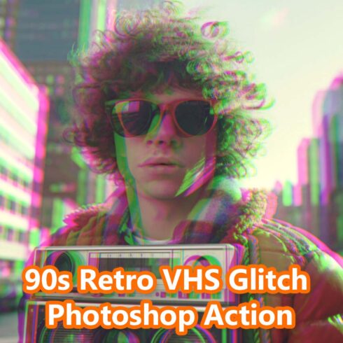 90s Retro VHS Glitch Photoshop Action cover image.