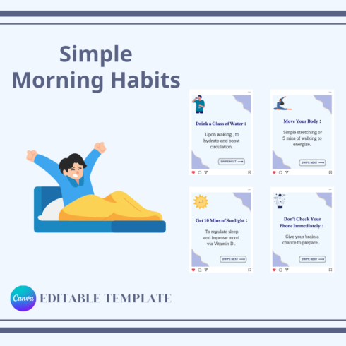 Morning Habits Instagram Carousel Template - 7 Editable Slides cover image.
