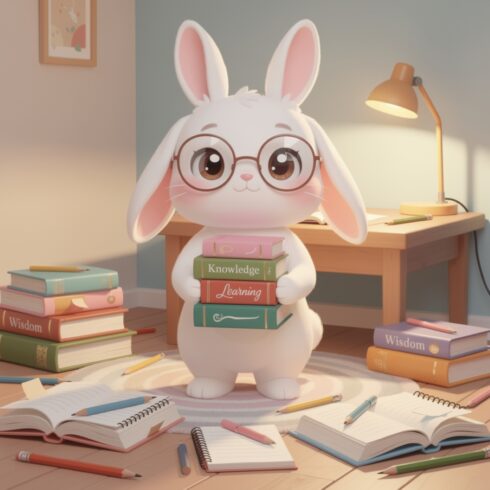 Studious Bunny with Books – Cute Glasses-Wearing Rabbit Symbolizing Learning cover image.