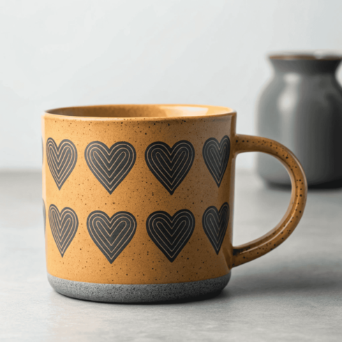 Romantic Mug Mockup Set – Mustard Brown and Grey with Heart Pattern cover image.