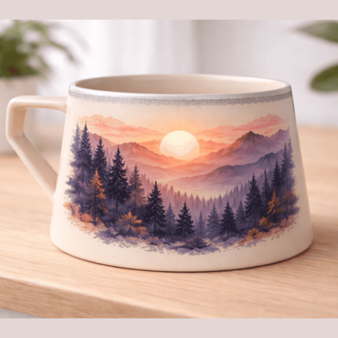 “Twilight Peaks: Cream & Black Sunset Landscape Mug Pair” cover image.