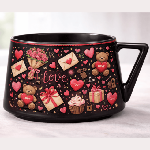 “Hearts Ablaze: Black & Dull Red Valentine’s Love Mug Pair” cover image.