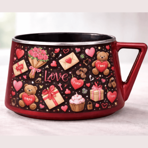 “Cupid’s Charm: Dull Red & Black Valentine’s Love Mug Pair” cover image.