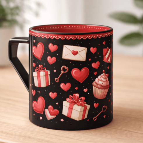 “Love Spectrum: Black, Red & White Valentine’s Mug Pair” cover image.