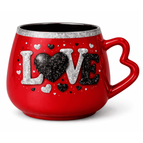 Romantic Red Black Coffee & Tea Mugs with Sparkle Love Typography cover image.