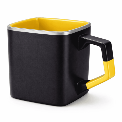 "Striking Contrast: Black & Yellow and Yellow & Black Mug Pair with Silver Lining" cover image.