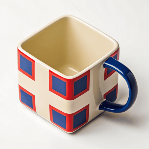 "Modern Geometrics: Cream Mug Pair with Blue & Red Square Pattern" cover image.