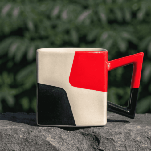 Modern Square Coffee Mug Pair – Cream, Orange-Red & Black cover image.