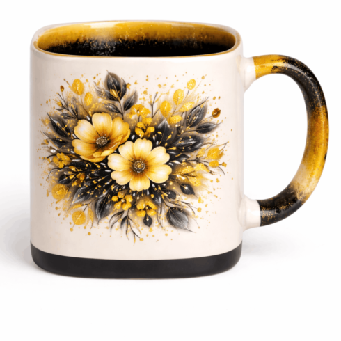 “Square Shaped Floral Art Coffee Mug Mockups – Vibrant Multicolor & Black-Yellow Edition” cover image.