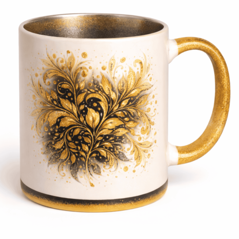 “Elegant Fusion: Golden, Grey, Black & Orange Art Coffee Mug Pair Mockup” cover image.