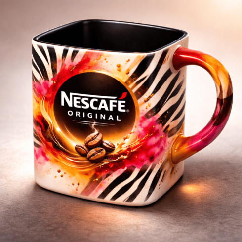 “Bold Fusion: Shocking Pink, Black & Orange Merged Design with Zebra Print & Nescafé Logo Coffee Mug Pair Mockup” cover image.