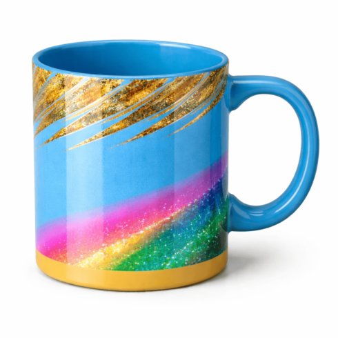“Celestial Stripes: Blue Ceramic Mug with Glittery Rainbow & cream colour mug with Multicolor Zebra Print” cover image.