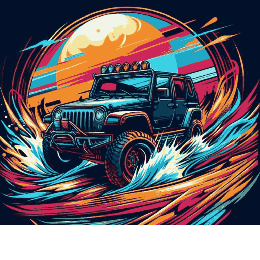 Retro 4x4 Off-Road Adventure – Sunset Mountain SUV Vector Illustration ...