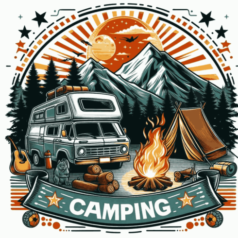 Vintage Camping Adventure Emblem – Retro RV and Campfire Vector Illustration cover image.
