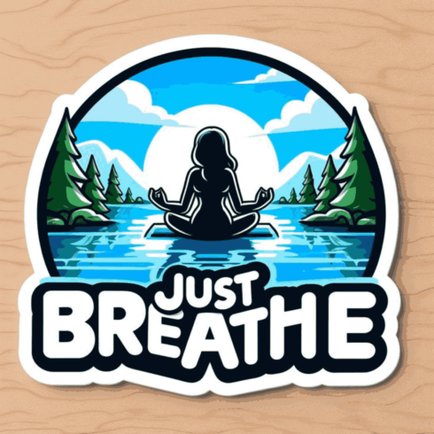 Just Breathe: Vector Sticker of a Woman Meditating in Lotus Pose by a Peaceful Mountain Lake at Sunrise cover image.