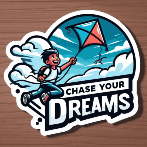 "Chase Your Dreams" Boy with Kite Sticker – Inspirational Adventure Vector Art cover image.