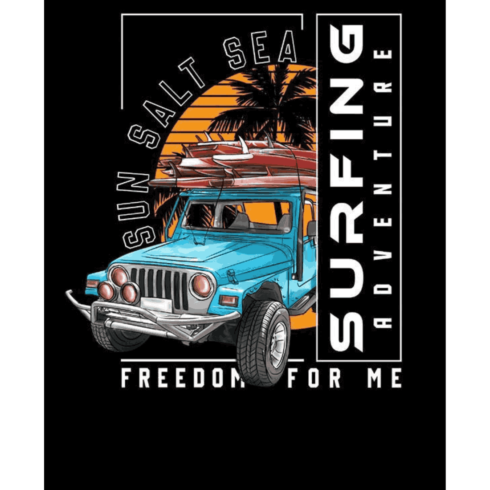 "Sun Salt Sea" Surfing Adventure – Vintage 4x4 Off-Road Vector Graphic cover image.