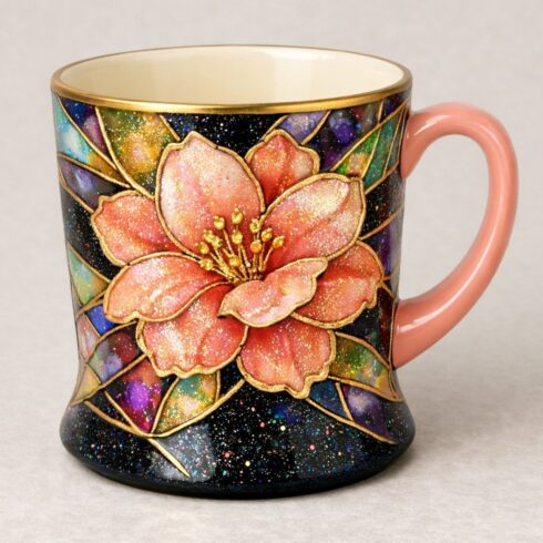 “Blush Bloom: Artistic Black & Peach Pink Ceramic Mug Pair with Golden Accents” cover image.