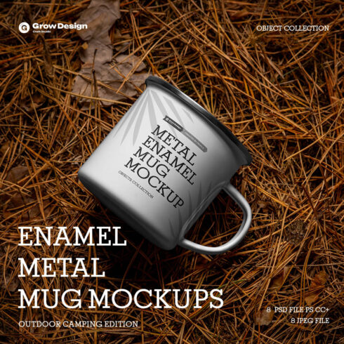 8 Enamel Metal Mug Mockups – Outdoor Camping Edition, 5K High-Res PSD cover image.
