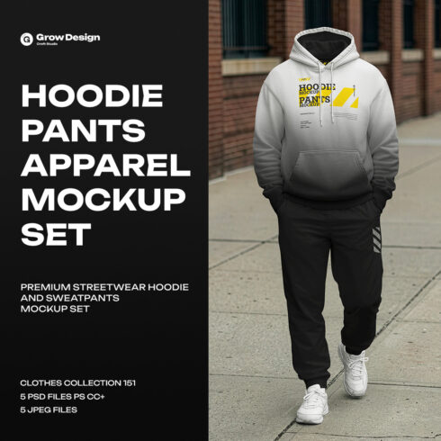 5 Walking Pose Hoodie Pants Apparel Mockup Set Generated AI cover image.