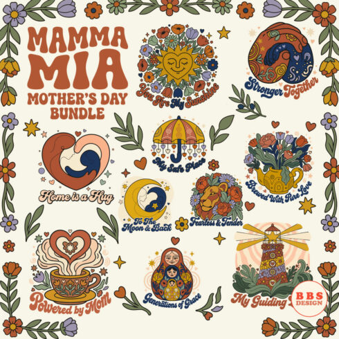 Retro Mamma Mia Mother's Day SVG Bundle - 10 Groovy Boho Floral Designs - SVG PNG EPS for Cricut, Silhouette & Sublimation cover image.