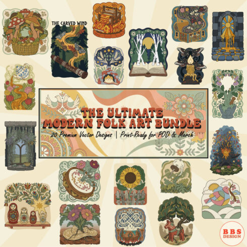 Modern Folk Art Vector Bundle - 20 Whimsical Cottagecore SVG Designs for POD, Merch & Small Business cover image.