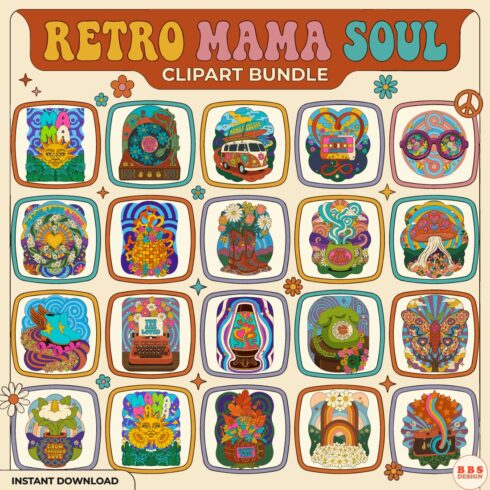 Retro Mama Soul Clipart Bundle - 20 Groovy 70s Hippie SVG Designs, Boho Flower Power PNG Graphics for Mother’s Day & POD, Commercial Use cover image.