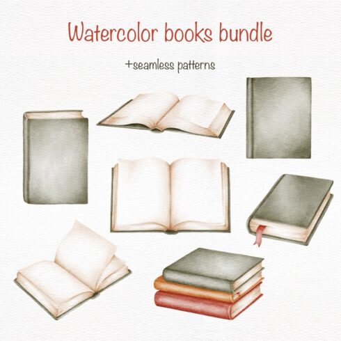 Watercolor Books Bundle – Vintage Book Clipart & Seamless Patterns cover image.