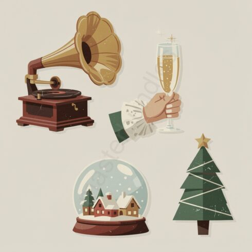 30+ Christmas & New Year Halftone Collage Elements โ Magazine Cut-Out Shapes for Stickers, Scrapbooking & Creative Design cover image.
