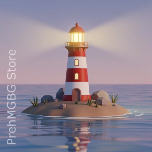 3D Cartoon Lighthouse on a Small Island with Glowing Light from the Top cover image.